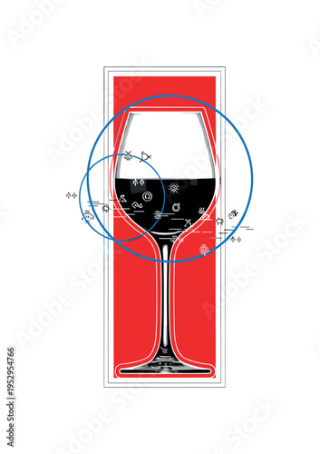 Black and white wine glass with exaggerated long stem, bold red vertical rectangle behind creating strong contrast, blue circular outline overlapping the bowl,