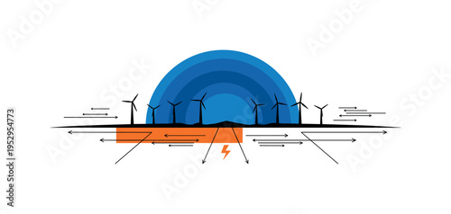 Black and white horizon line with minimal turbine silhouettes spaced evenly, bold blue semicircle behind upper half suggesting sky energy, orange rectangle