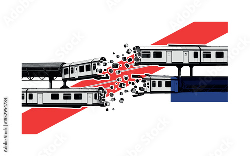 Black and white fragmented station modules drifting apart in composition, bright red diagonal stripe suggesting separation, thin linear connectors snapping