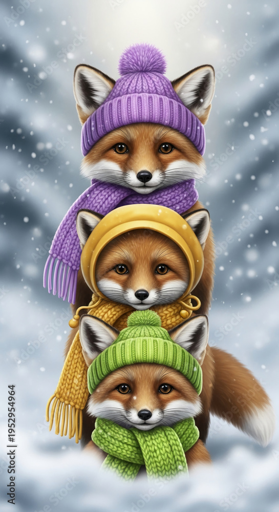 Obraz premium Three stacked foxes wearing colorful winter hats and scarves in a snowy forest, symbolizing warmth, togetherness, and winter charm