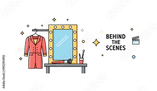 Actor dressing room moment with costume hanging beside a lit vanity mirror and makeup brush on the table. A gentle ?Behind the Scenes? text detail reinforces