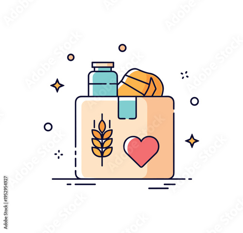 Emergency food relief concept illustrated by a small supply box marked with a wheat symbol and a heart icon, expressing assistance during crisis situations.