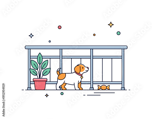 Balcony space for pets small dog standing near a secure railing with a plant and toy nearby, expressing urban pet friendly lifestyle. A compact concept