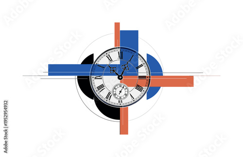 Black and white antique clock face restored and centered, intersected by geometric semicircles and rectangular color blocks suggesting the passage of time,