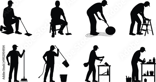 handyman silhouettes set, repair cleaning tools, drilling sweeping mopping, home maintenance service, professional worker, construction labor, industrial improvement concept