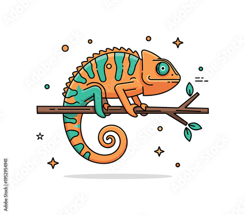 Vibrant reptiles colorful chameleon perched on a simple branch with its curled tail forming a balanced arc, expressing adaptability and bold natural beauty. A