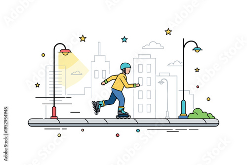 Rollerblading in the city with a person performing a spin trick near a park bench, capturing playful street activity and urban recreation. Minimalist flat