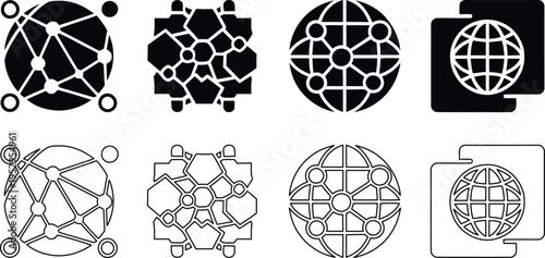 Global network and connectivity icon set with abstract nodes, links, blockchain structure and worldwide data communication vector symbols in solid and outline styles