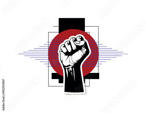 Black and white clenched fist holding a piece of black fabric flowing into abstract shapes, orange and cobalt blue flat geometric accents around the motion,