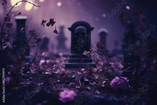 A cemetery with a grave and flowers in the foreground. This image can be used to portray themes of remembrance, loss, or the passage of time.
