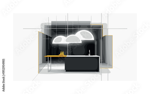 A realistic monochrome kitchen scene with sunlight hitting a coffee cup, combined with a large yellow half-circle behind like a rising sun and thin vertical