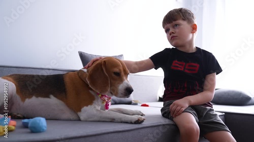 A child sits on a sofa with a Beagle dog, stroking its head.