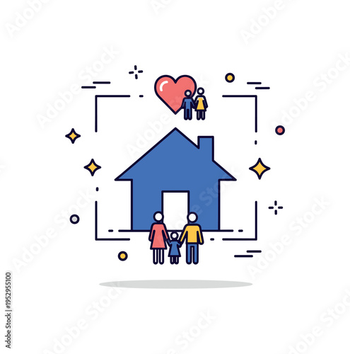 Property inheritance concept house silhouette framed by a subtle heart and family icon accent. A meaningful micro scene about legacy, continuity and passing