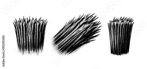 Broom bristle tips A realistic broom bristle tip section shown in three views: straight-on view, angled close-up view, and side thickness view, emphasizing