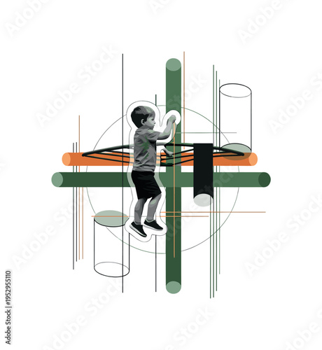 A monochrome child climbing a jungle gym, intersected by geometric cylinders and arcs that echo the structure, thin vertical and horizontal lines emphasizing