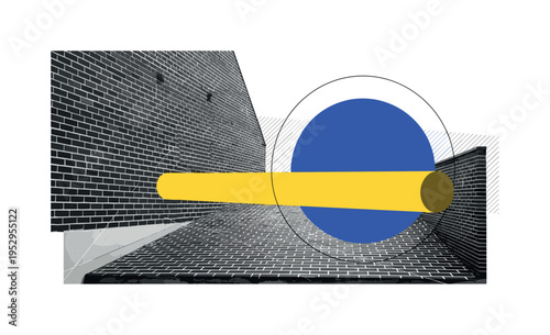 Black and white brick alley wall with bold perspective, oversized abstract cylinder and semicircle overlapping the architecture, limited palette of yellow and