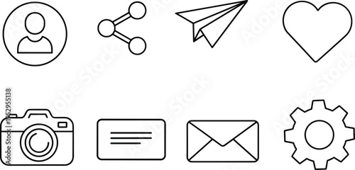 Simple outline interface icons set with user share message camera email settings and paper plane minimal line vector illustration