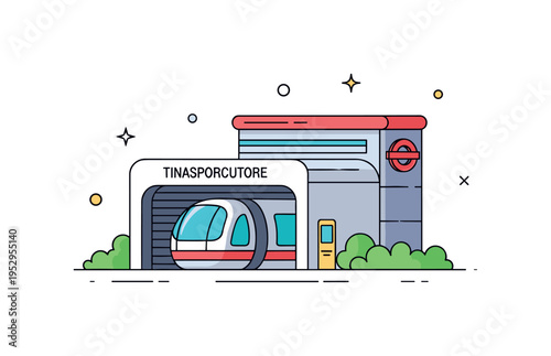 Futuristic transportation hub featuring a tube station entrance with a sleek capsule partially visible expressing advanced infrastructure and smart mobility