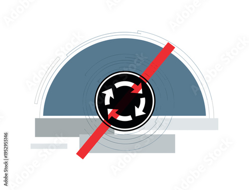 Black and white roundabout sign distorted into spiral form, bold red diagonal stripe intensifying confusion, large muted blue semicircle framing background,