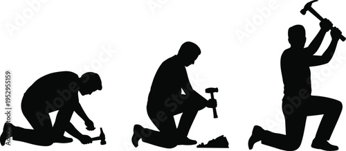 Worker hammer silhouettes set, construction labor poses collection, handyman tool action vector illustration, black builder shapes isolated design