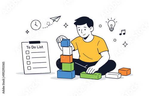 Template-driven procrastination. A person rearranging digital blocks instead of starting real work, task list untouched nearby. Illusion of productivity and