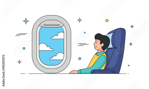 Window seat traveler featuring a relaxed figure looking out at a bright sky through an oval aircraft window, symbolizing wanderlust and peaceful flight