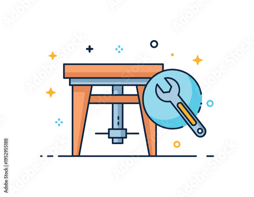 Home workshop furniture repair scene featuring a small table with tightened legs and a subtle wrench icon nearby, expressing maintenance and practical skills.