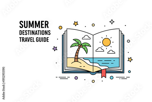 Summer destinations travel guide illustrated by a book displaying a small beach scene with palm tree and sun inside its pages, conveying tropical escape and