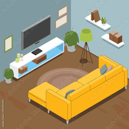 Isometric living room interior vector illustration, modern home lounge layout, sofa coffee table television speakers decor design