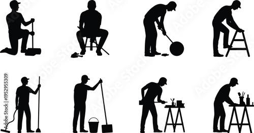 handyman worker silhouettes set, repair maintenance tools, drilling cleaning sweeping, home improvement, professional labor, construction service, industrial work concept