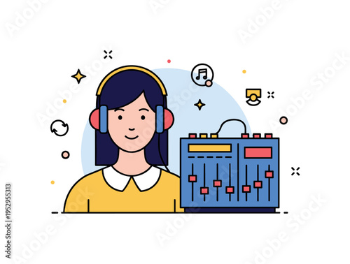 Women in music studio production showing a female producer silhouette with headphones beside a compact mixing console icon, expressing technical skill and