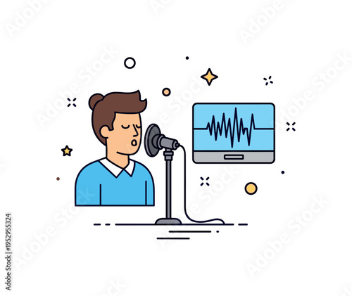 Recording studio coaching scene featuring a singer at a microphone with a small soundwave display beside them expressing technical feedback and vocal