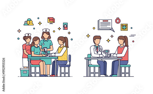 Community health check-up camp with nurses, doctors, and volunteers registering patients and measuring vitals, highlighting accessible healthcare and policy