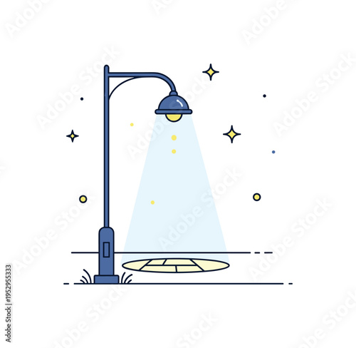 Streetlights at dusk tall lamppost casting a soft circular glow onto a simple pavement shape, expressing quiet urban atmosphere and evening calm. A refined