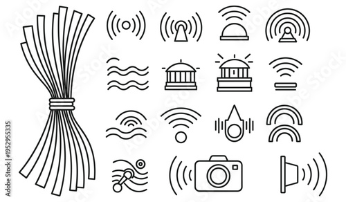 Wireless communication vector icons set for signal transmission antennas and technology systemsWireless communication vector icons set for signal transmission antennas and technology systems