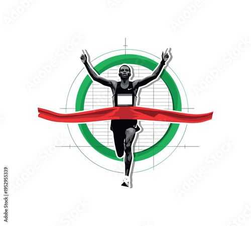 Black and white marathon runner crossing finish line with arms raised, green circular frame enclosing the figure, bold red diagonal stripe marking the finish
