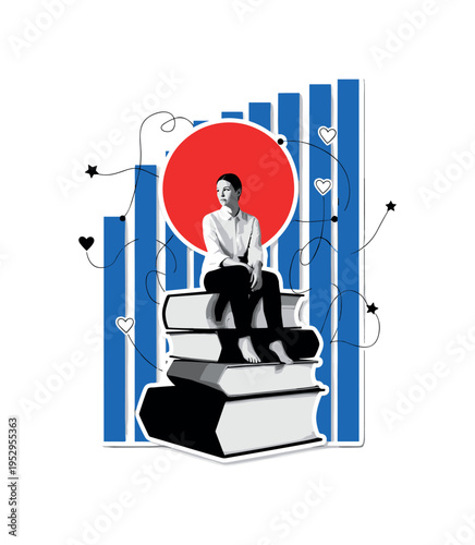 Black and white human silhouette with angel wings attached, bold geometric circle framing the upper body, thin diagonal lines suggesting ascent, flat