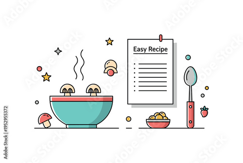 Simple recipe for creamy mushroom soup showing a compact layout with a soup bowl, small recipe card labeled Easy Recipe, and minimal kitchen accents that