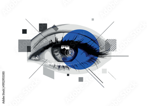 monochrome eye partially closed with minimal spiral reflection in pupil, bright electric blue circle highlighting focal point, abstract geometric blocks and