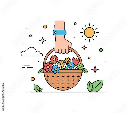 Spring garden stroll with flower basket illustrated by a simple hand holding a wicker basket full of colorful blossoms, accompanied by subtle sun and leaf
