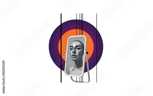 A monochrome mirror reflecting a distorted geometric face instead of reality, bold circular halo behind the mirror, thin vertical and horizontal lines dividing