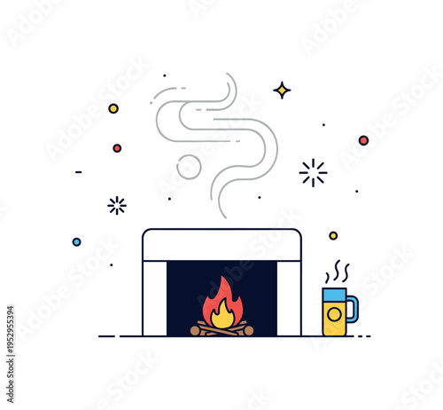 Cozy winter evening with a simple fireplace and soft flame as the central element symbolizing warmth and togetherness during cold days. Subtle smoke curves and