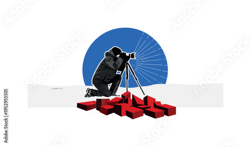 Black and white photographer kneeling in heavy snow with tripod, intense cobalt blue circle framing the upper body, deep red angular blocks beneath the tripod