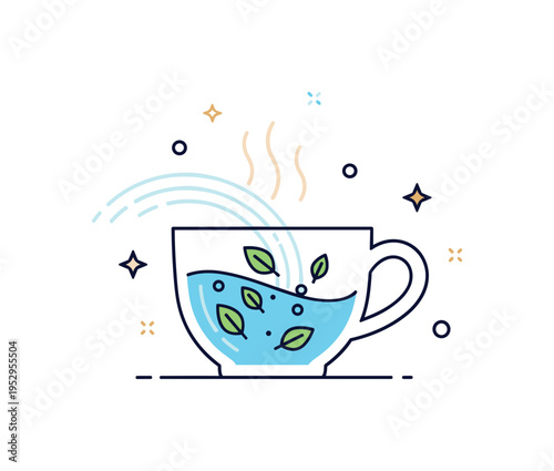 Tea infusion process loose leaves and hot water merging in a glass cup, soft swirling lines showing gradual blending of flavors. A calm and balanced concept