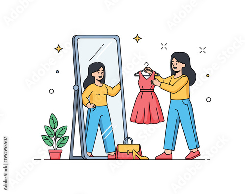 Trying on outfits at a boutique with a woman standing in front of a full-length mirror, holding a dress up and smiling, highlighting style exploration and