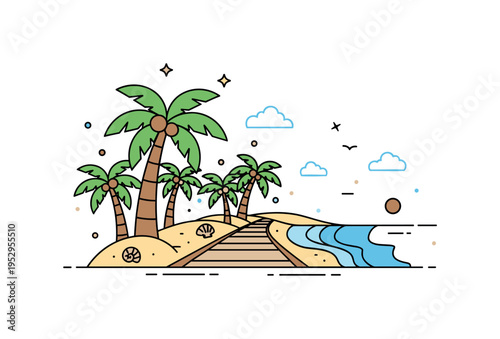 Palm trees lined along a coastal boardwalk with small seashells and a distant sun, creating a serene and leisurely seaside atmosphere. Minimalist flat vector