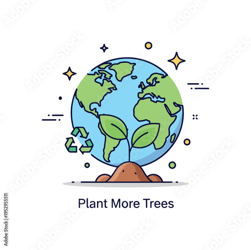 Earth protection tree planting initiative showing a small sapling growing in front of a simplified globe outline, representing reforestation and ecological