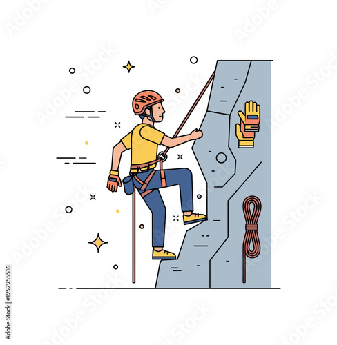 Rock climber with a harness, rope, helmet, and protective gloves ascending a cliff, illustrating safety precautions, proper gear, and risk management in