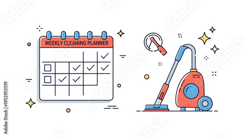 Weekly cleaning planner concept featuring a neat calendar grid with checkmarks next to scheduled vacuum days and a small sparkle accent symbolizing tidy