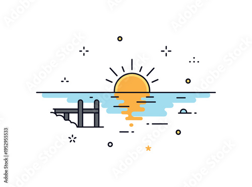 Lakeside sunrise atmosphere concept centered on a low horizon line with a rising sun partially reflected in smooth water and a small dock silhouette. A warm